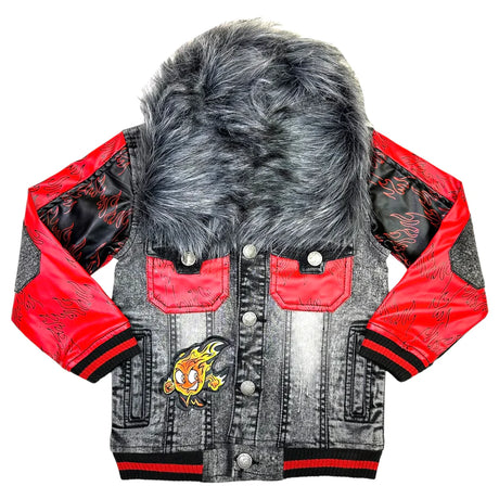 Elite- Kids- Denim Jacket Leather - Black Wash / Red