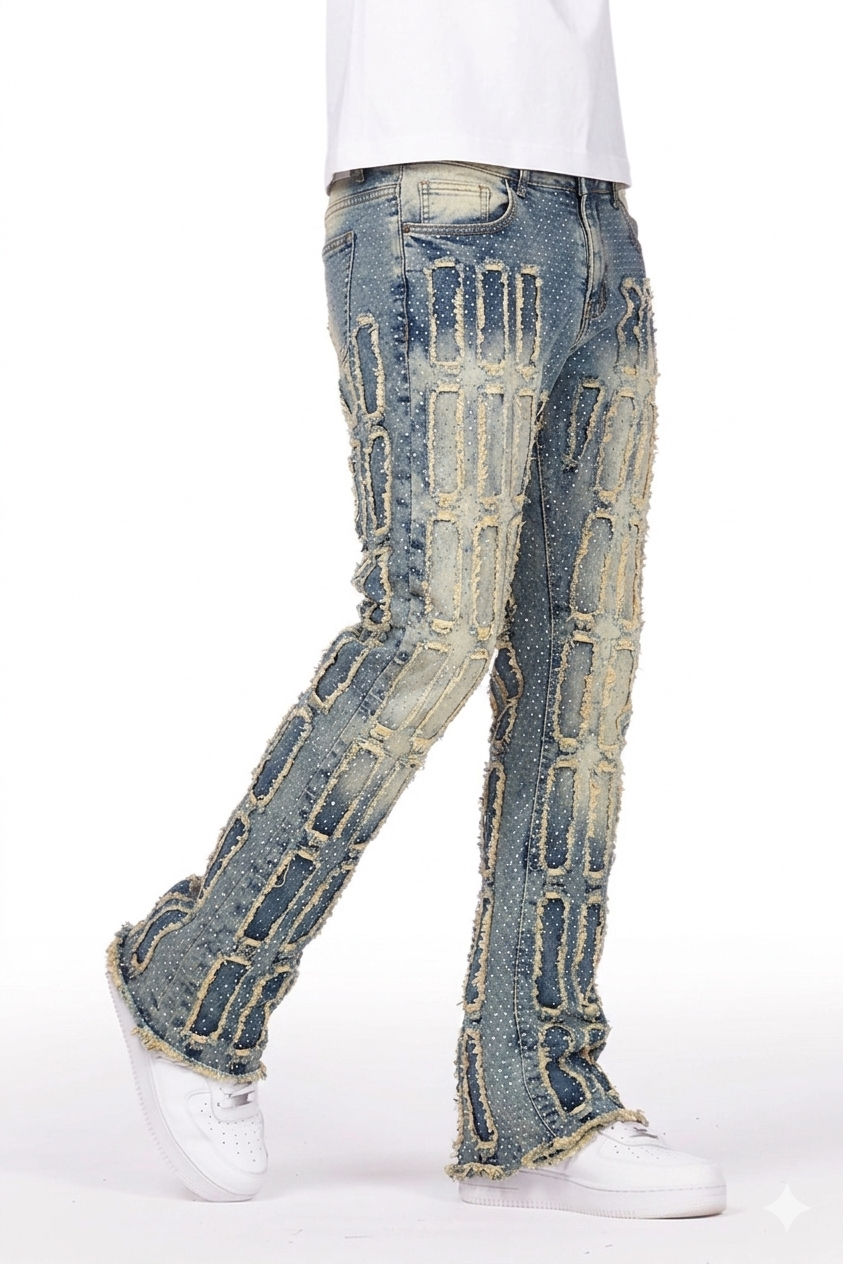 Focus Multi Layers Rhinestone Stacked Jeans Multi Colors