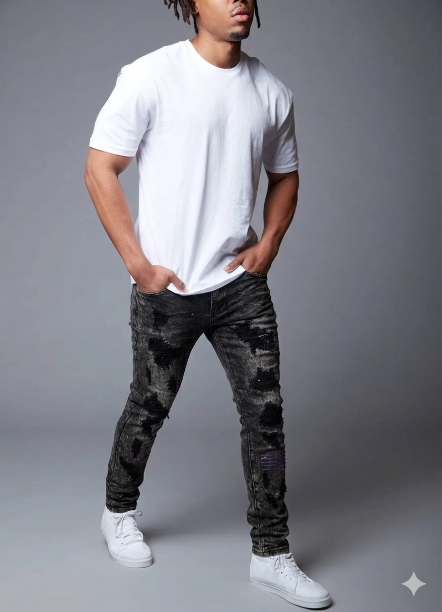 DENIM CITY SKINNY RIP & REPAIR JEANS BLACK SNOW WASH PURPLE STITCHES