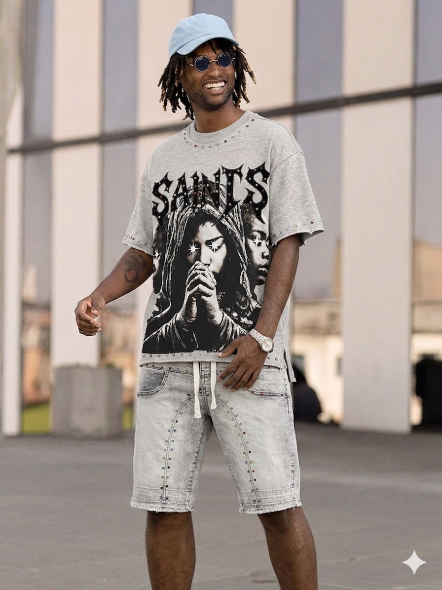 Focus Boxy Multi Stone Studded Saints T-Shirt Multi Colors