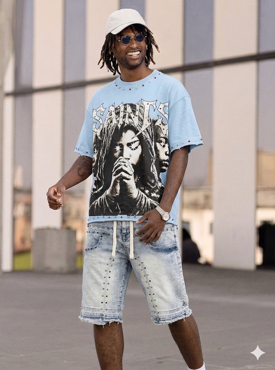 Focus Boxy Multi Stone Studded Saints T-Shirt Multi Colors