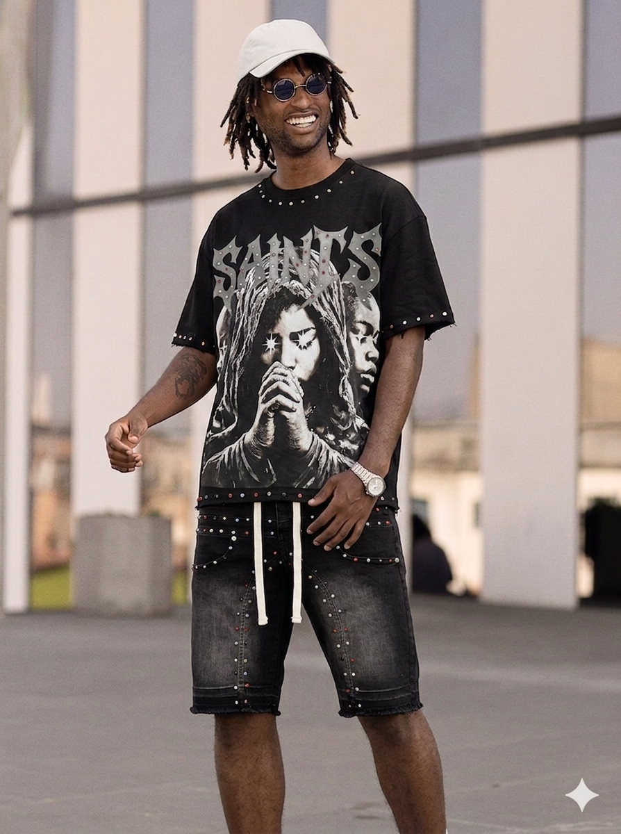 Focus Boxy Multi Stone Studded Saints T-Shirt Multi Colors