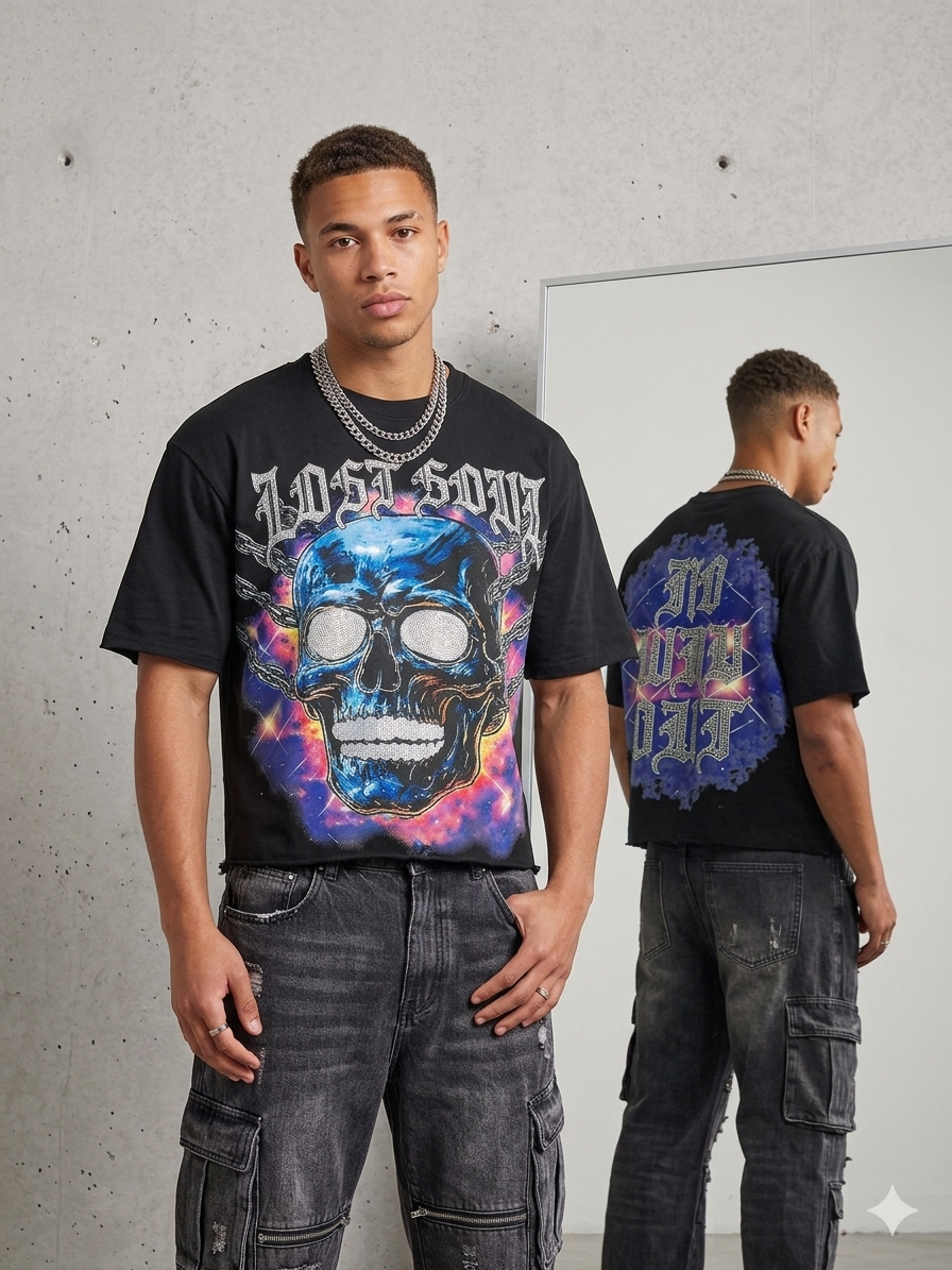 Focus Boxy Rhinestone Applique Lost Soul T-Shirt Multi Colors