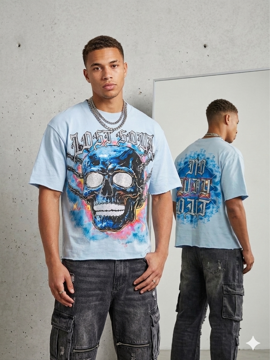 Focus Boxy Rhinestone Applique Lost Soul T-Shirt Multi Colors