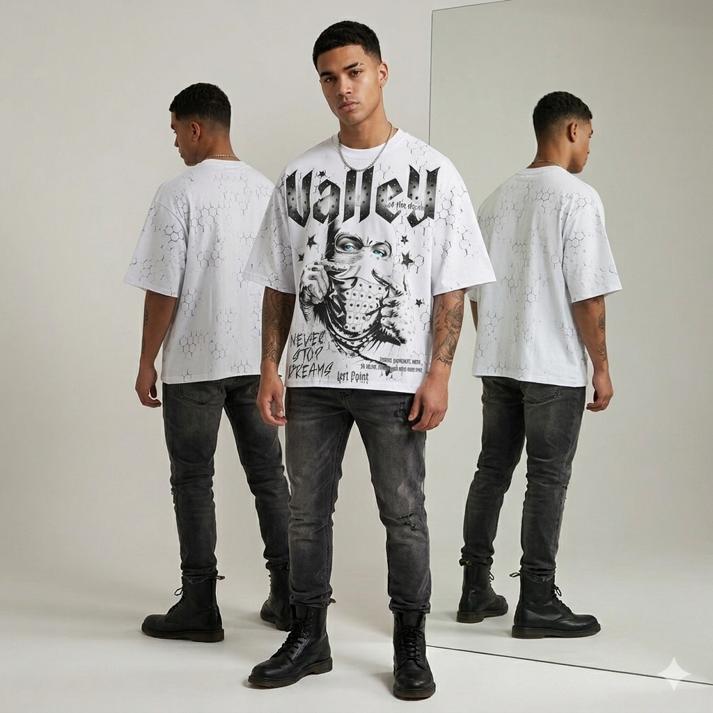 Left Point Never Stop Dream Crystal Over Sized T- Shirt White