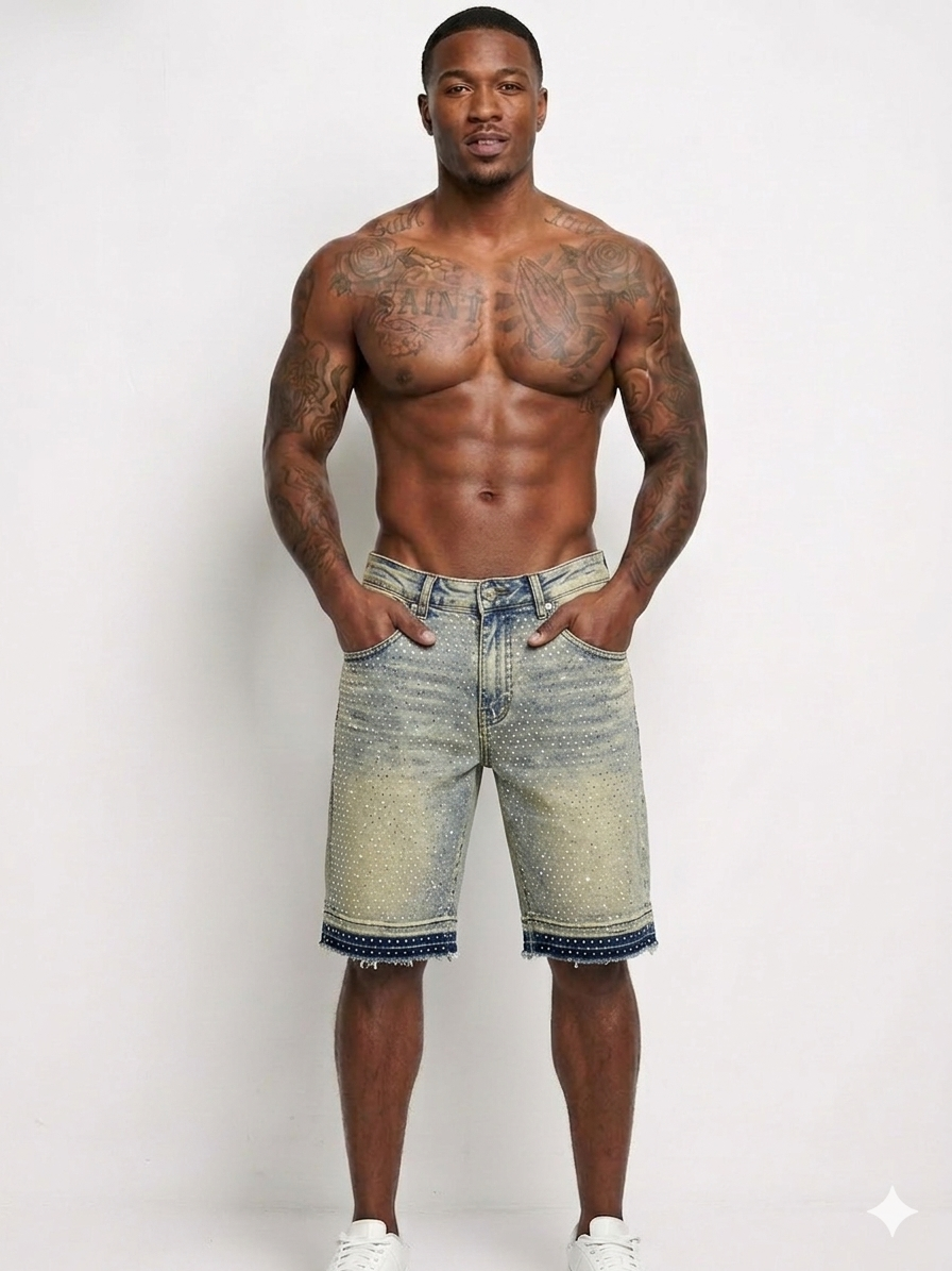 Focus All Over Stones Jeans Short With Chains Multi Colors
