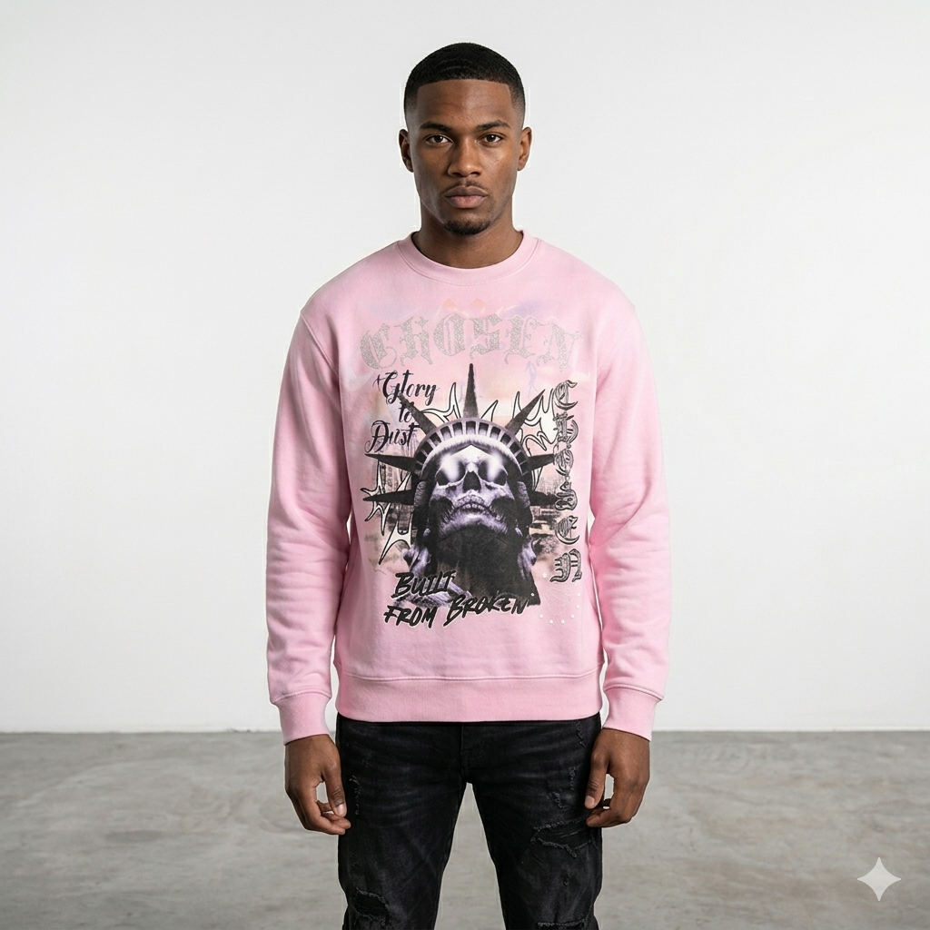 Forty Skull Rhinestone Crewneck Fleece Sweatshirt Multi Colors