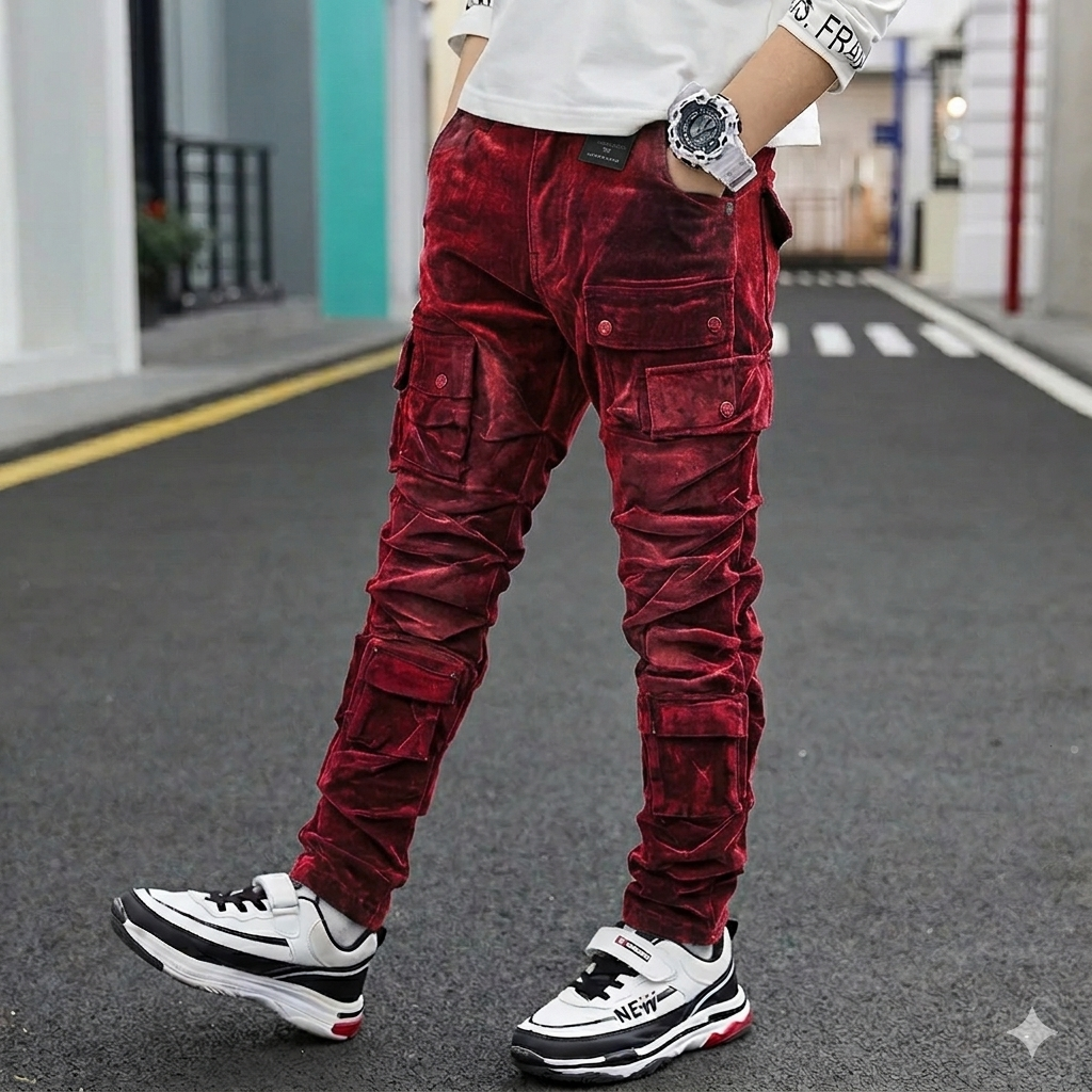 FOCUS KIDS VELVET CARGO FLOCKED SKINNY JEANS MULTI COLORS