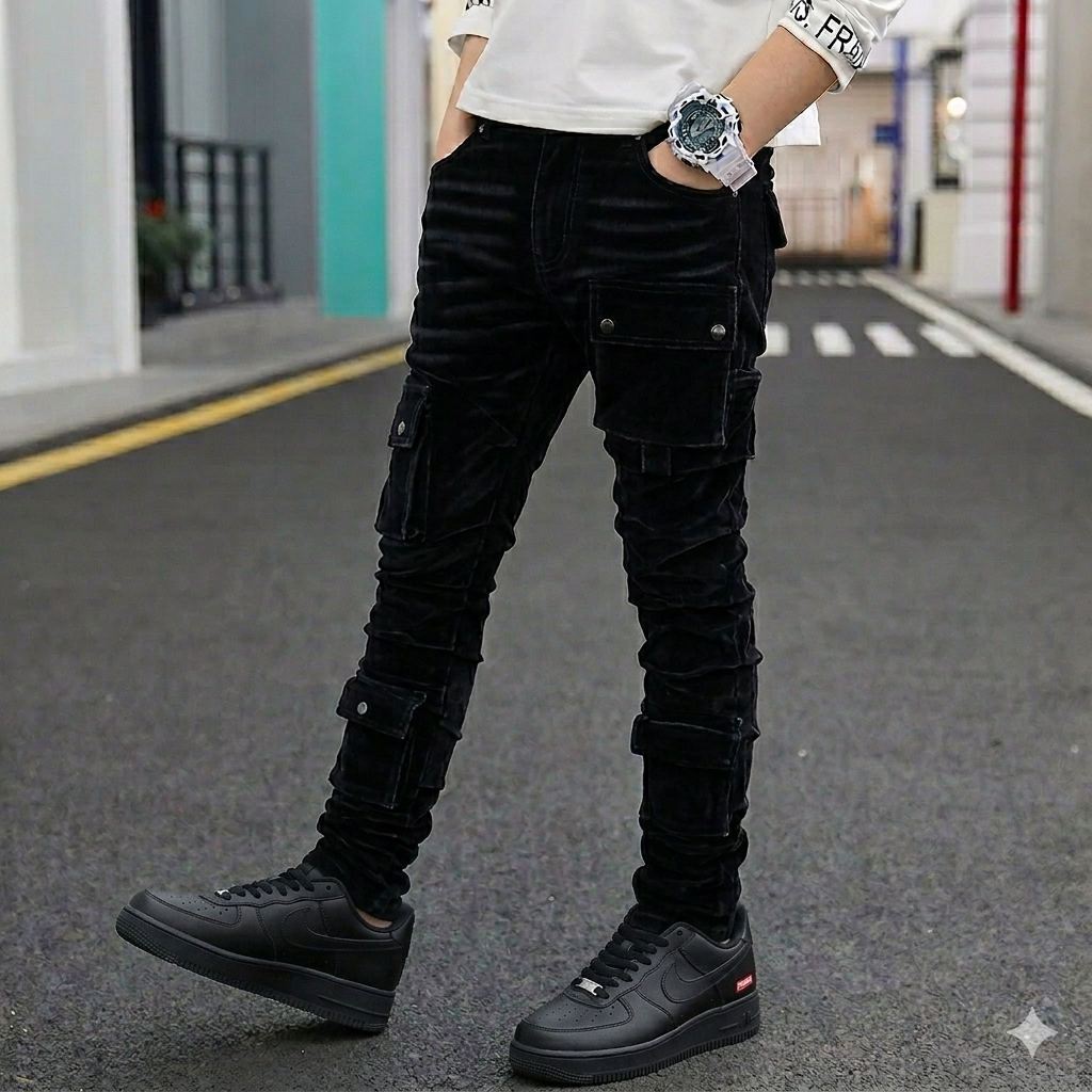 FOCUS KIDS VELVET CARGO FLOCKED SKINNY JEANS MULTI COLORS