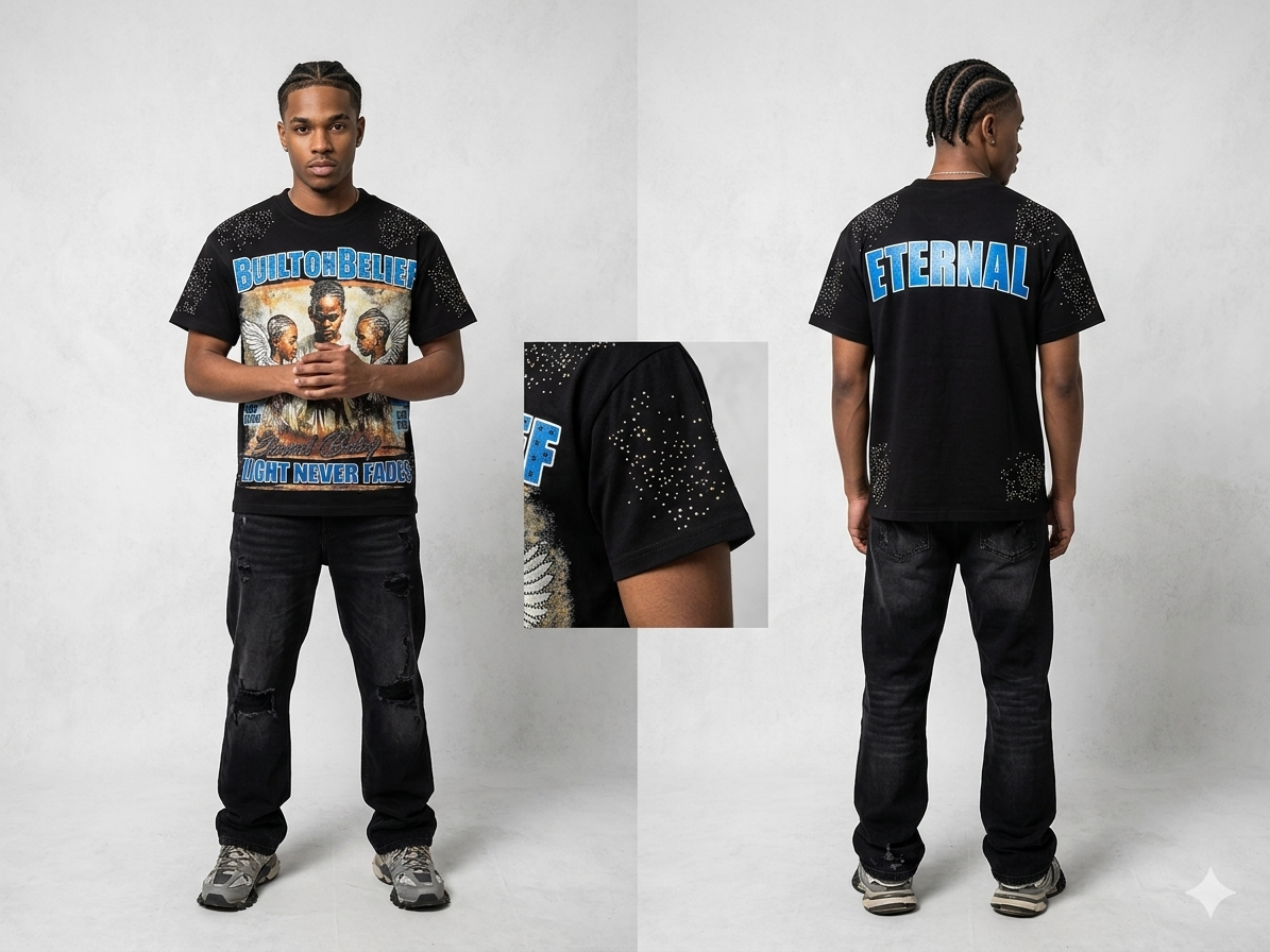 Focus Rhinestone Belief Loose Fit Heavy Weight T-Shirt Multi Colors