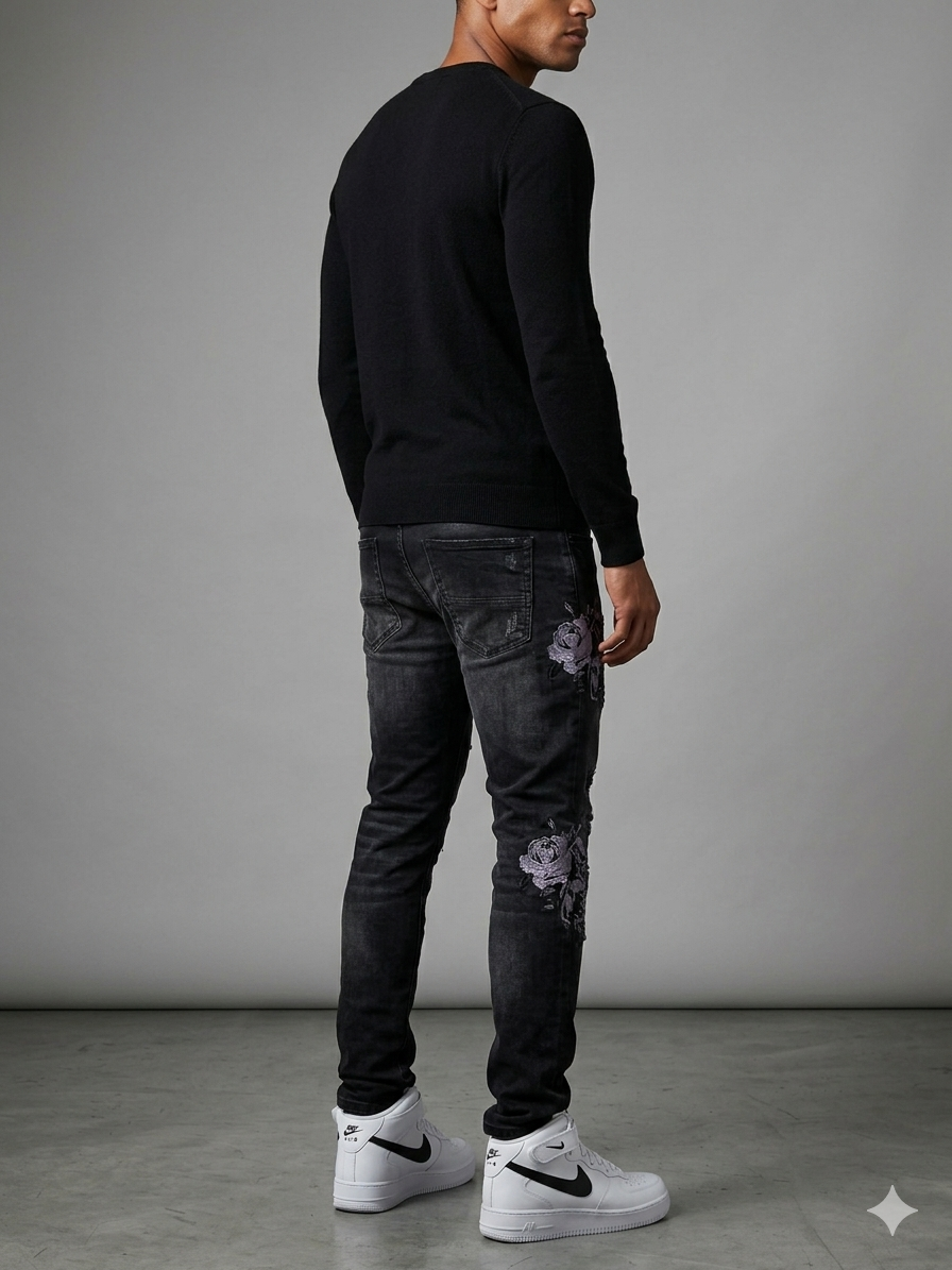 JORDAN CRAIG ETERNAL DARKNESS BLACK FLORAL EMBROIDERY JEANS