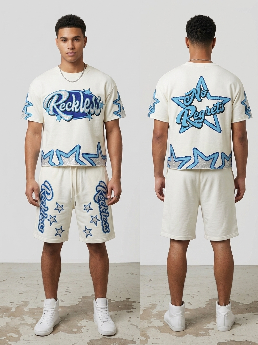 Focus Reckless Rhinestone French Terry Short Set Multi Colors