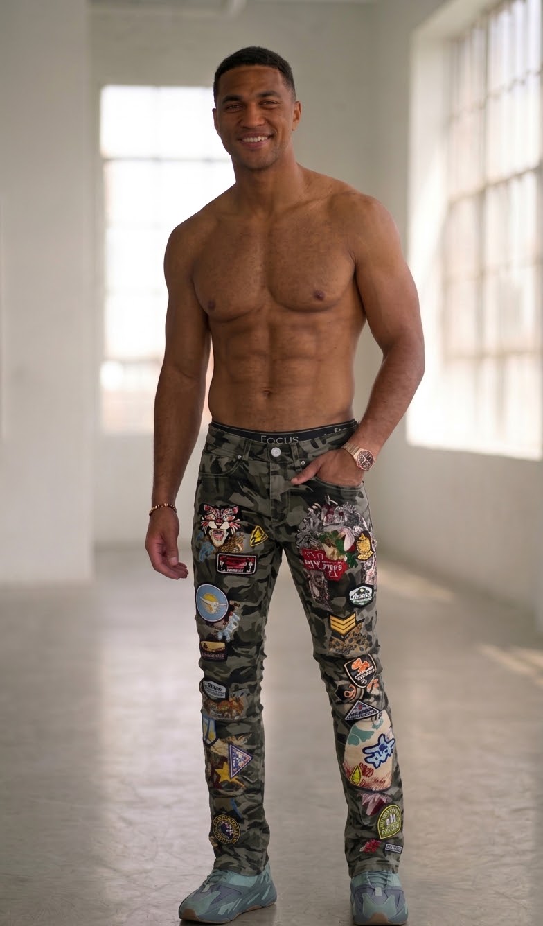 Focus Embroidered Patch Work Stacked Jeans Black Camo