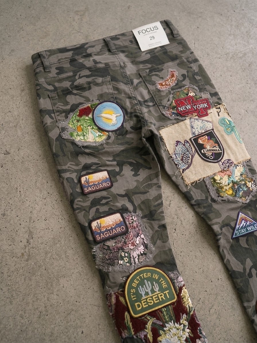 Focus Embroidered Patch Work Stacked Jeans Black Camo