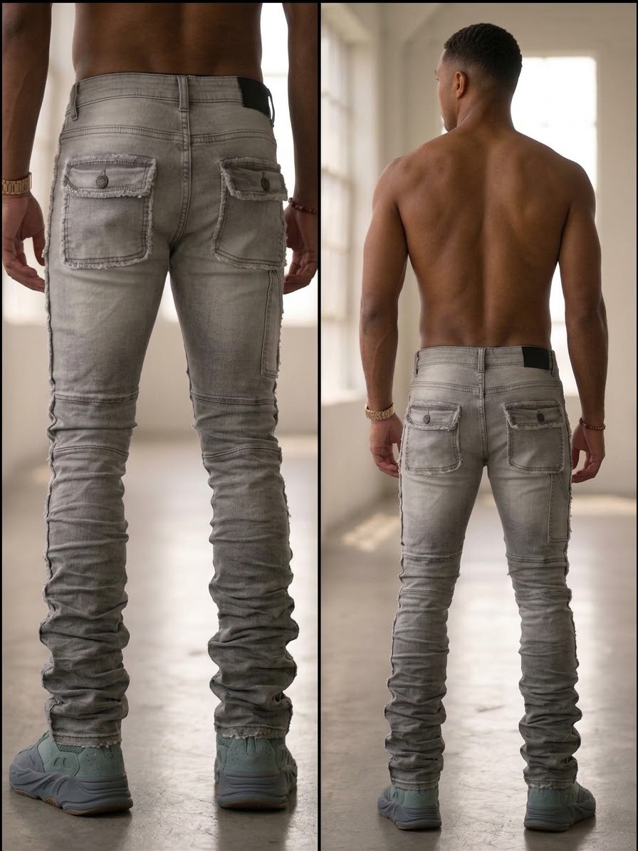 Blind Trust Frayed with Pockets Stacked Jeans Grey