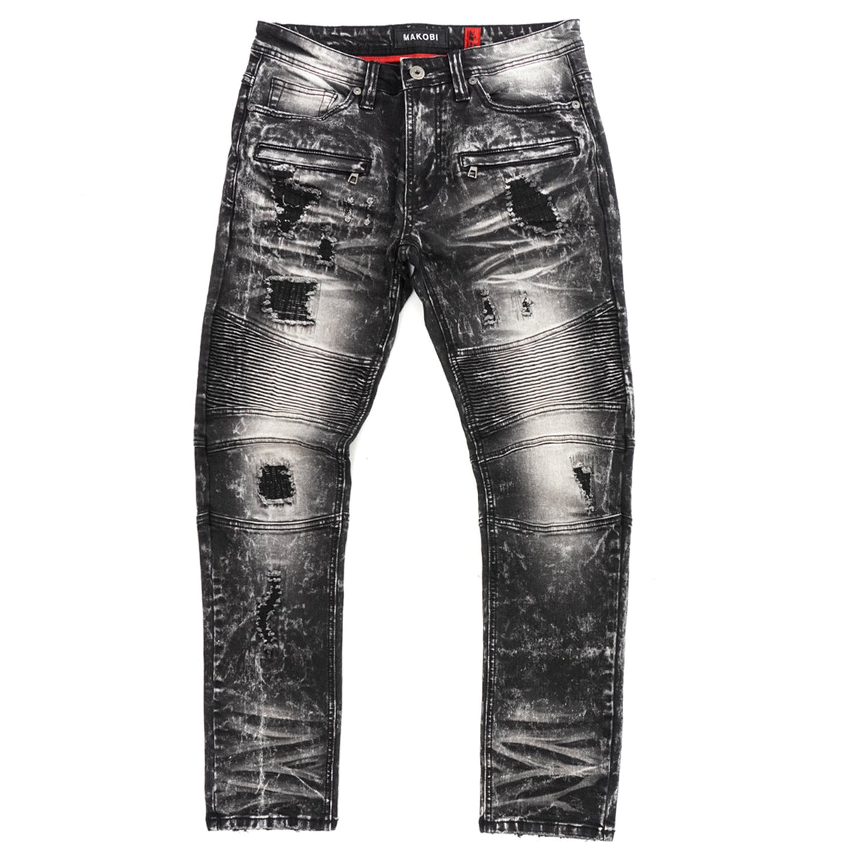 Makobi M1786 Prado Biker Jeans with Rip & Repair - Black Wash