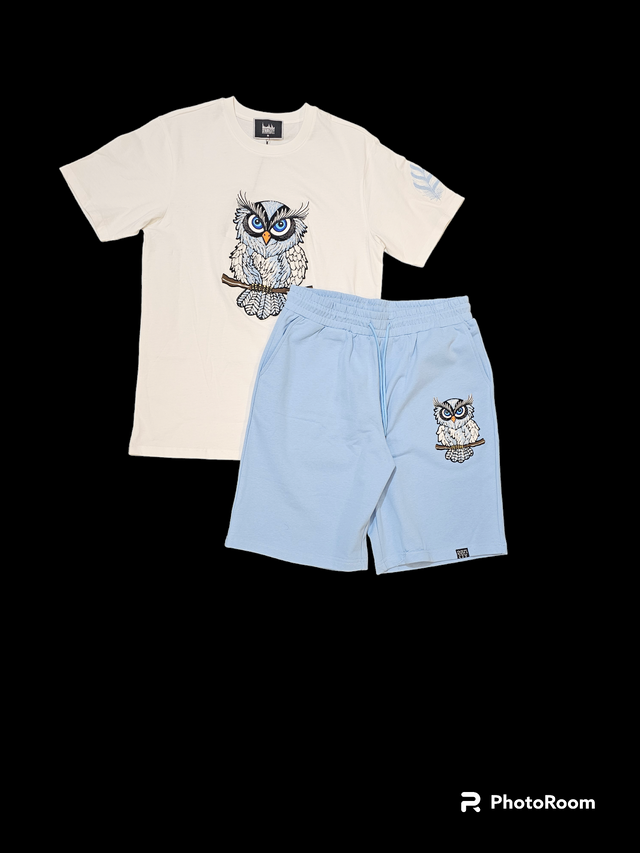 Denim City - Men Short Set - Woke Owl - White / Baby Blue
