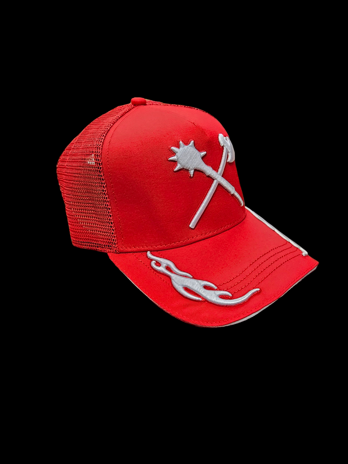 JUREN BLOCKING OUT THE BAD VIBES TRUCKER CAP HAT RED