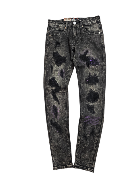 DENIM CITY SKINNY RIP & REPAIR JEANS BLACK SNOW WASH PURPLE STITCHES