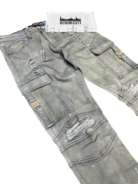 DENIM CITY SKINNY JEANS MECHANIC BLUE WASH CARGO METAL SNAP DENIM