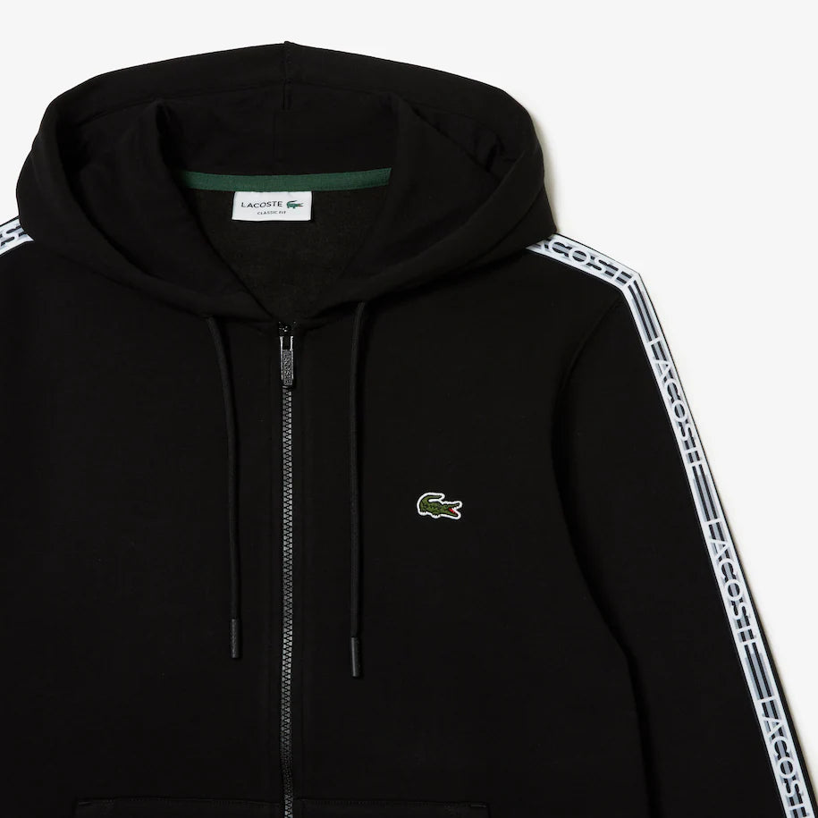 LACOSTE MEN’S CLASSIC FIT BRANDED STRIPES ZIP-UP HOODIE BLACK