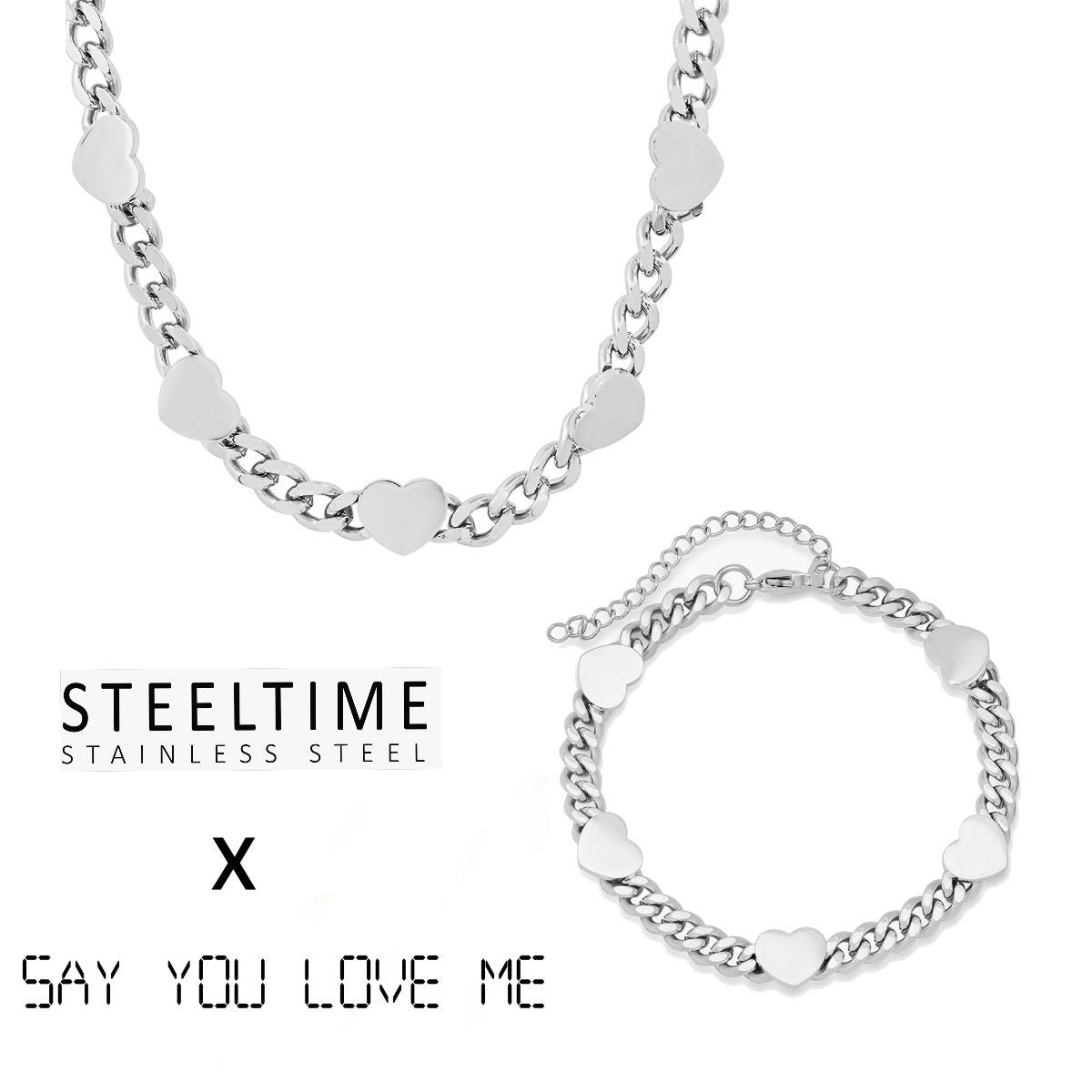 SYLM x Steel time NYC Cuban Link Hearts Necklace + Bracelet Set