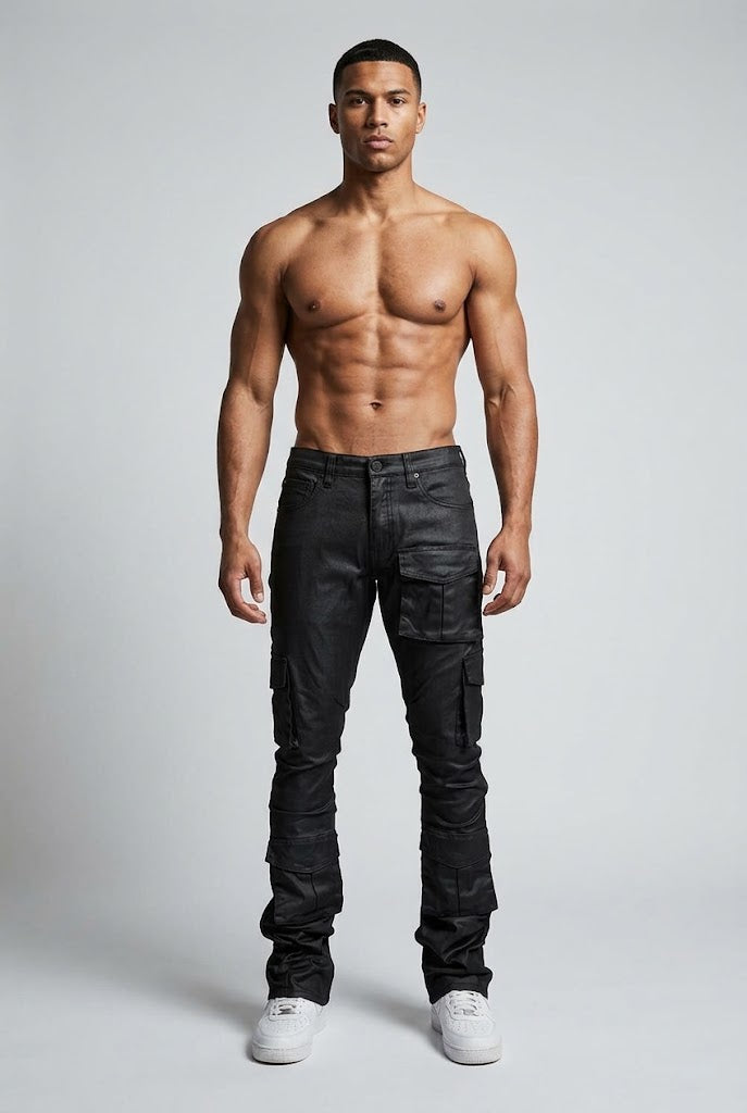 Blind Trust Stacked Wax Coated Cargo Jeans Black