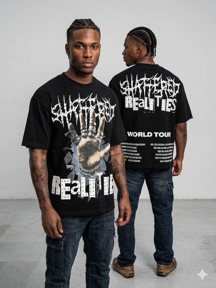 Streetwear outfit styled with a black shattered graphic rhinestone T-shirt