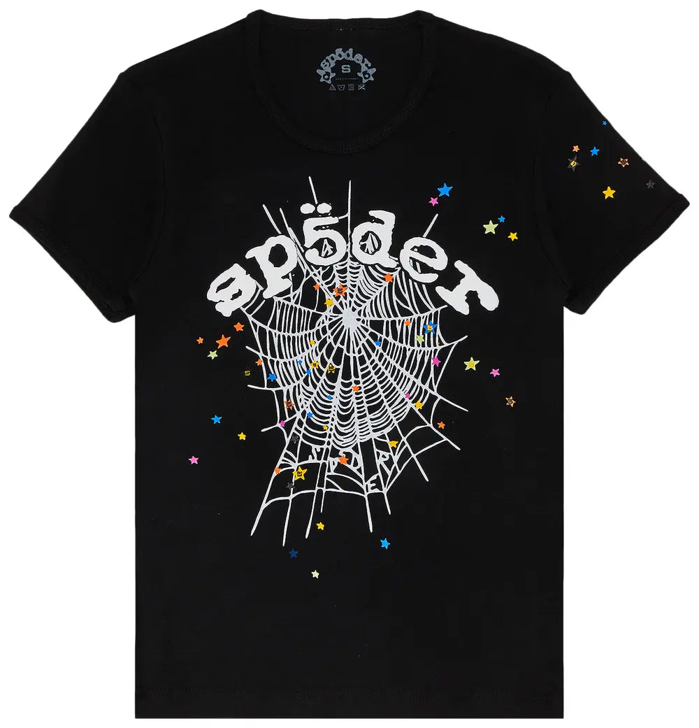 Streetwear outfit styled with a bold black web graphic T-shirt