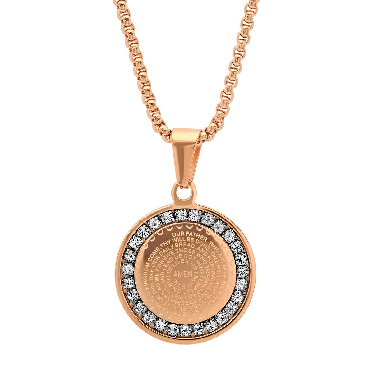 Our Father Prayer Round Pendant With Simulated Diamonds