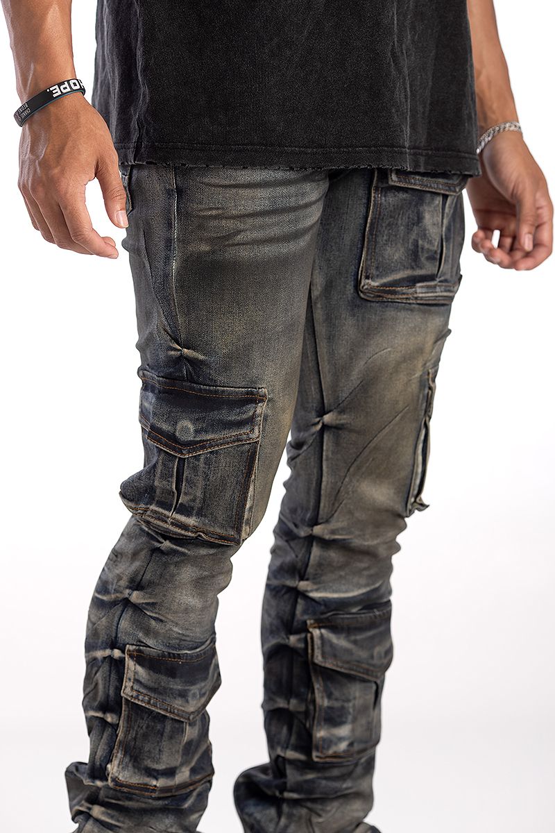 Designer style wax cargo stacked jeans premium fashion