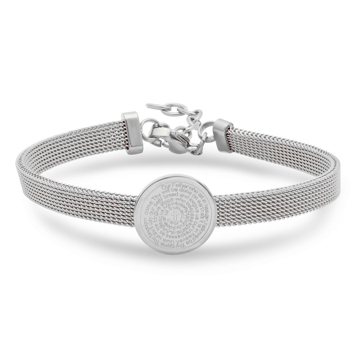 Solitaire Charm Our Father Prayer Mesh Bracelet