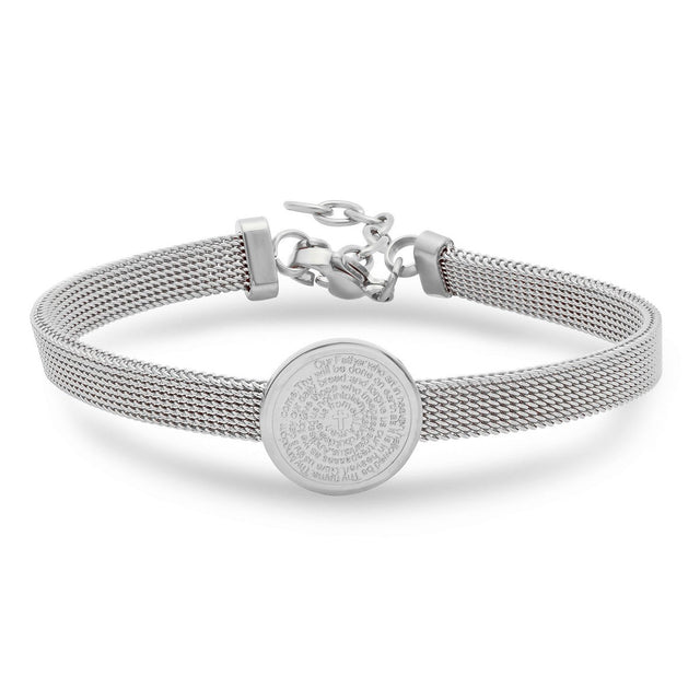 Solitaire Charm Our Father Prayer Mesh Bracelet