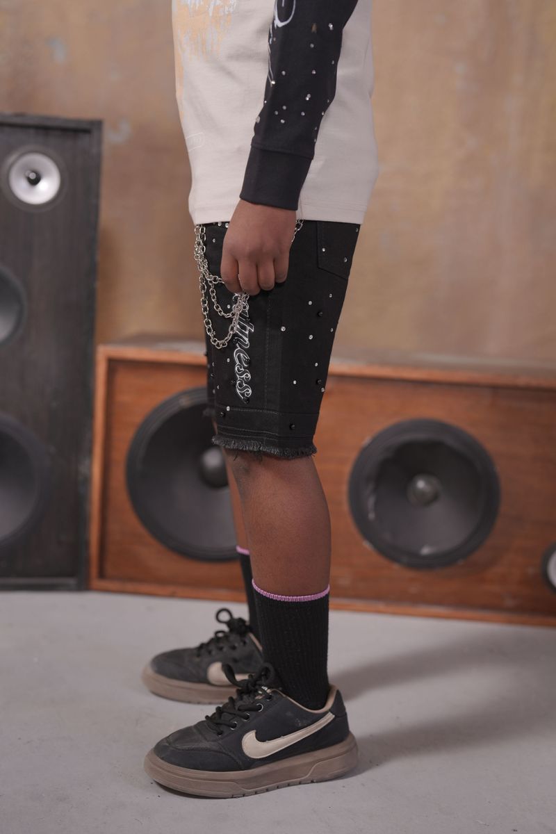 Elite Kids rhinestone chain baggy shorts detail view