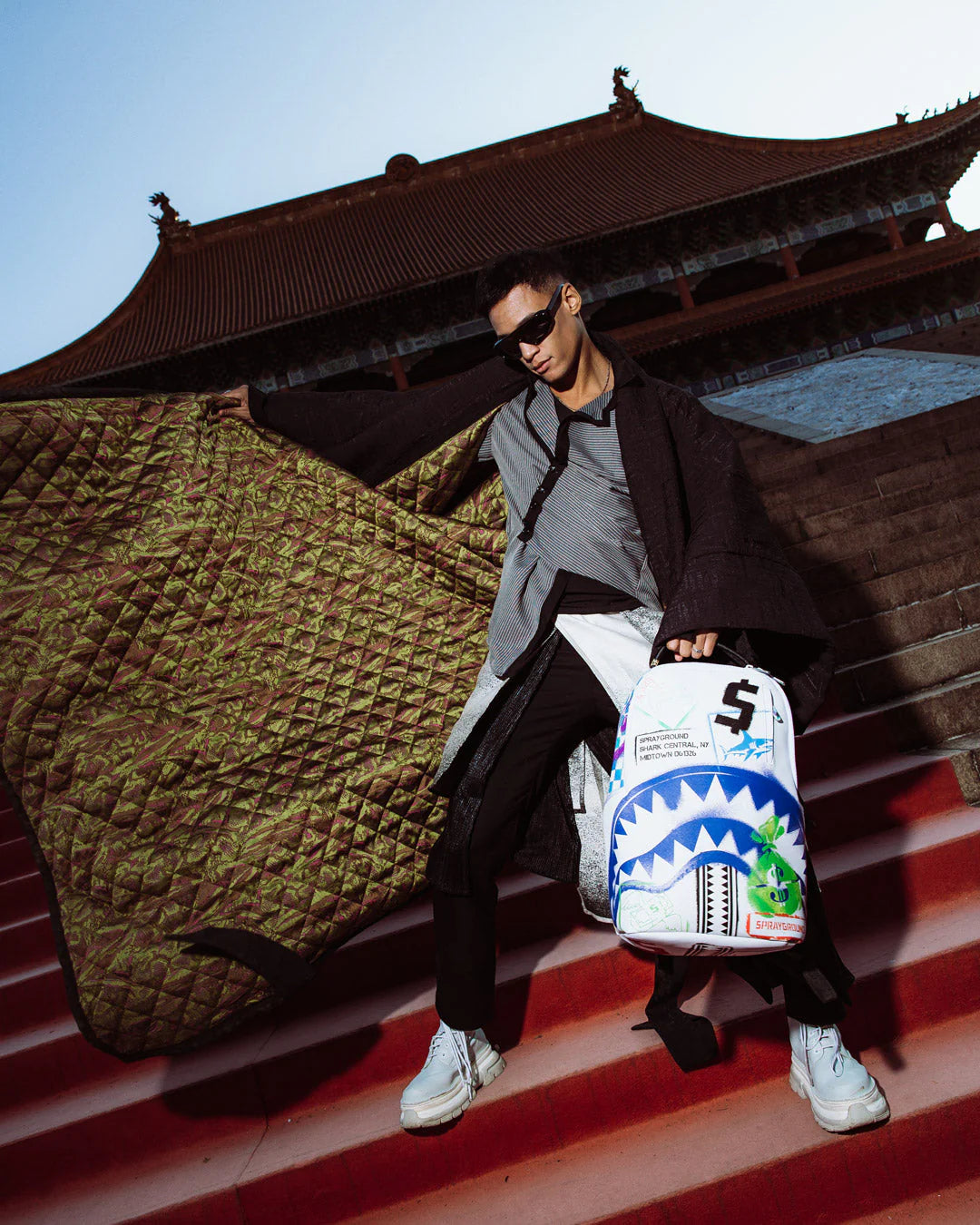 SPRAYGROUND SHARK CENTRAL STENCILS- WHITE DLXSV BACKPACK