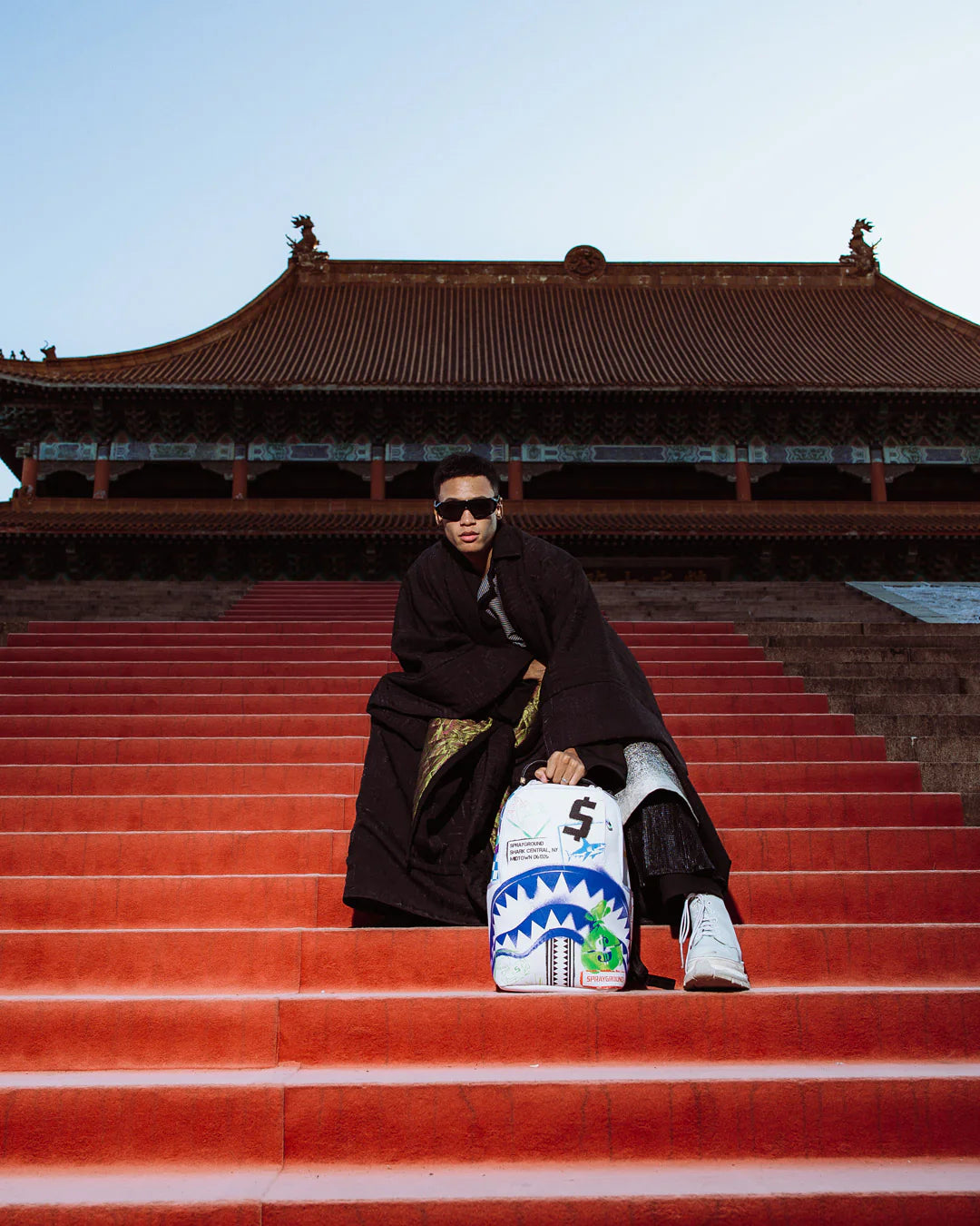 SPRAYGROUND SHARK CENTRAL STENCILS- WHITE DLXSV BACKPACK