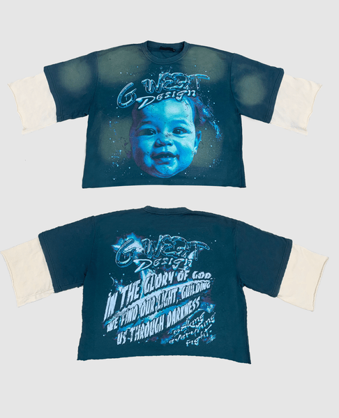 G WEST 3/4 TWO TONE SLEEVE RHINESTONE GLORY COTTON JERSEY TEE