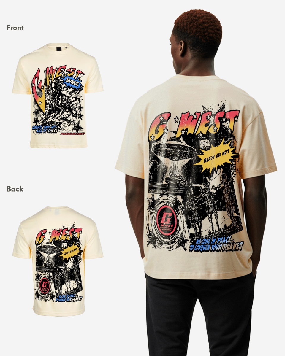 G West Cosmic Sky Ride Double Hit Premium Oversized  Tee Front And Back Print