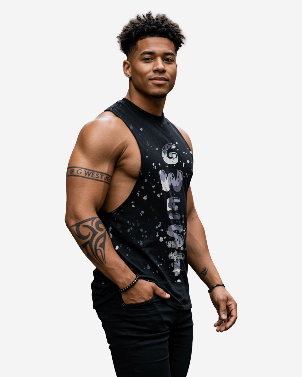 G  WEST LOGO ARMY GREY SPLATTRE BLACK TANKS