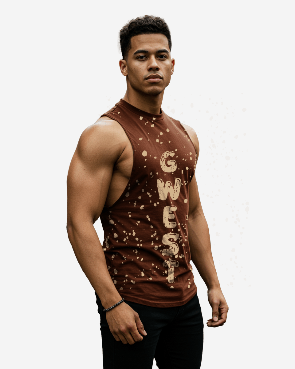 G  WEST LOGO MENS BROWN TANKS