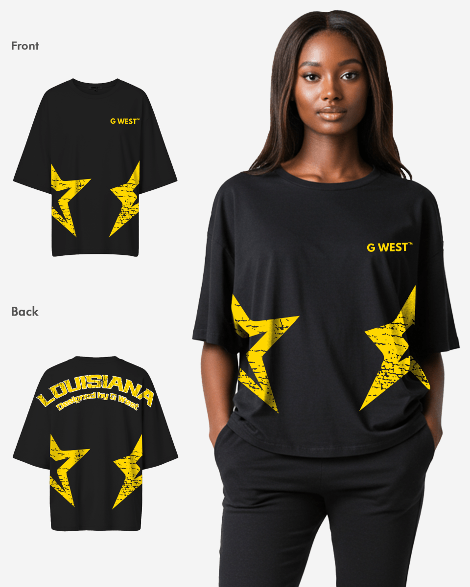 G West Oversized Louisiana Arch Logo Black Tee - WOMEN