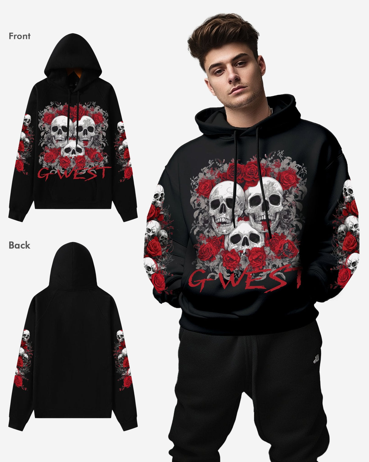 G West Rhinestone Roses And Bones Oversized Hoodie