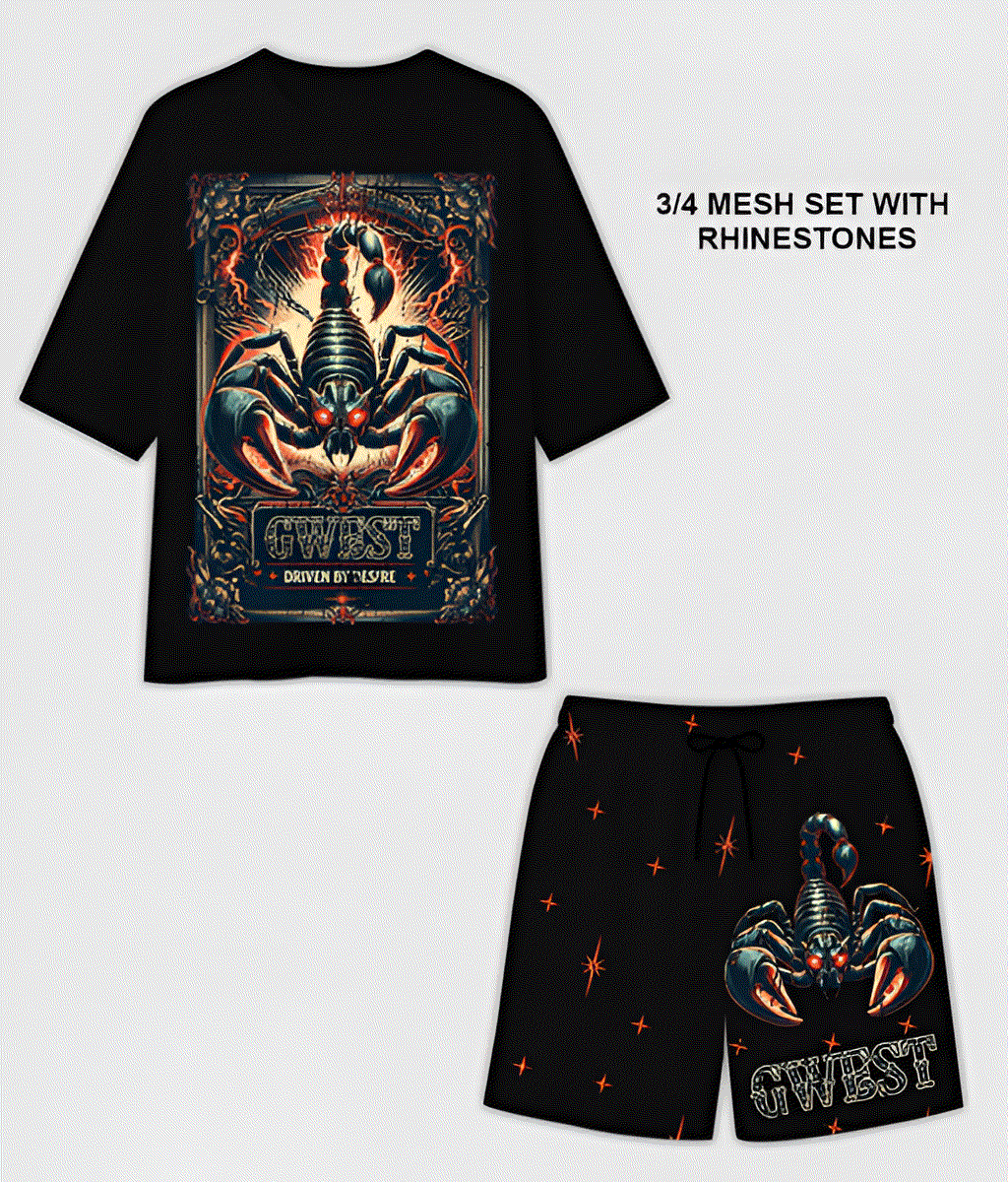 G WEST RHINESTONE SCORPION 3/4 SLEEVES MESH SHORT SET