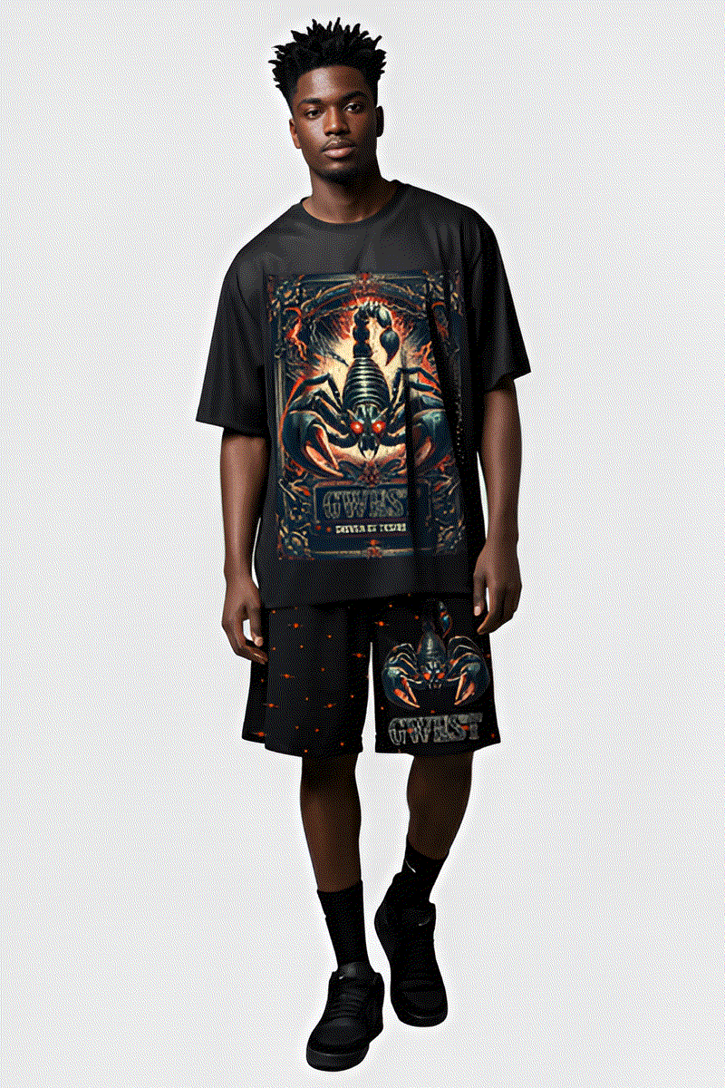 G WEST RHINESTONE SCORPION 3/4 SLEEVES MESH SHORT SET