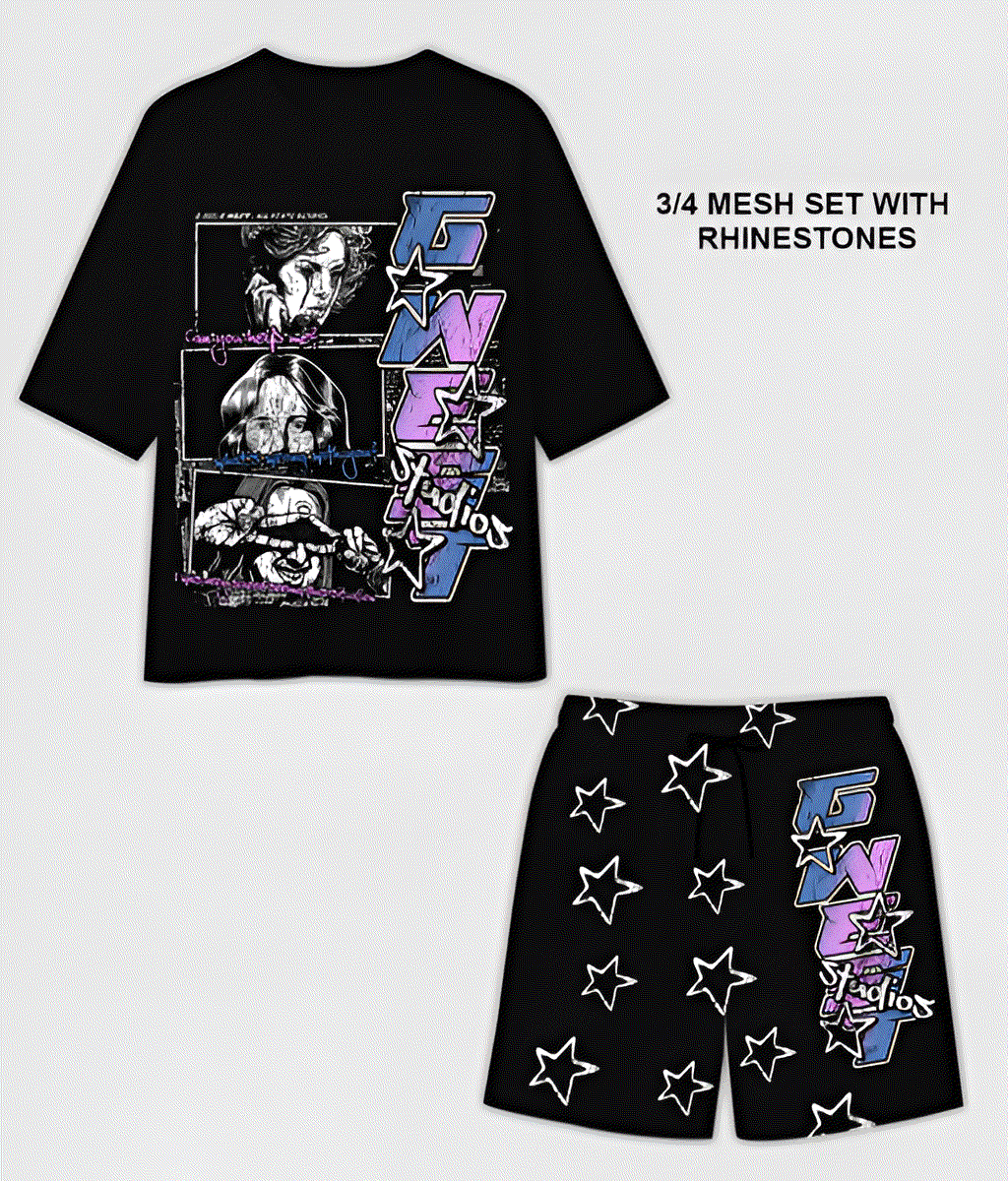 G WEST RHINSTONE CAN YOU HELP ME 3/4 SLEEVES MESH SHORT SET