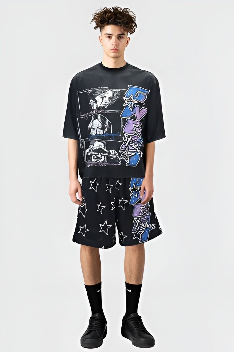 G WEST RHINSTONE CAN YOU HELP ME 3/4 SLEEVES MESH SHORT SET