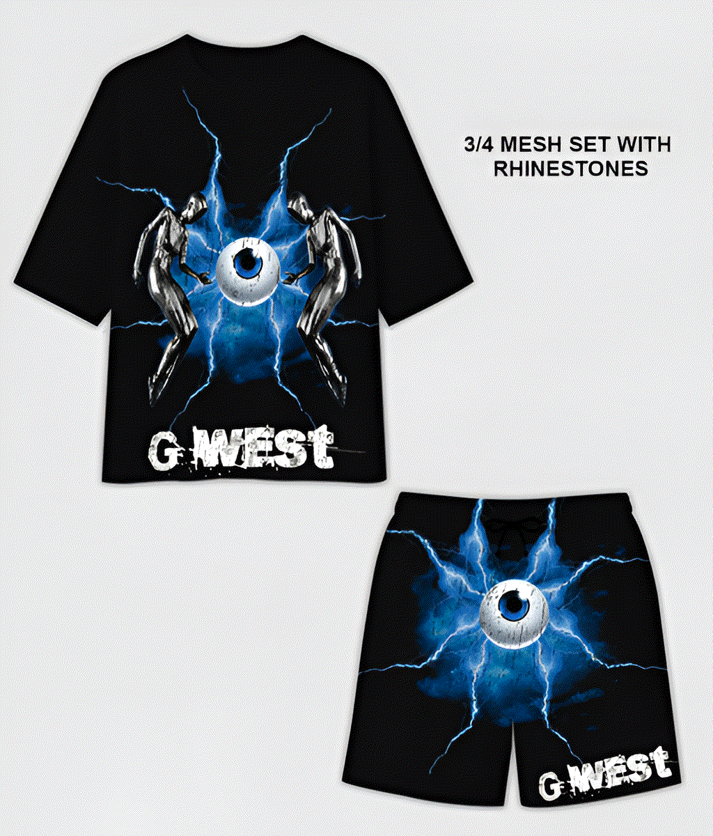 G WEST RHINSTONE EYE OF THE POWER 3/4 SLEEVES MESH SHORT SET
