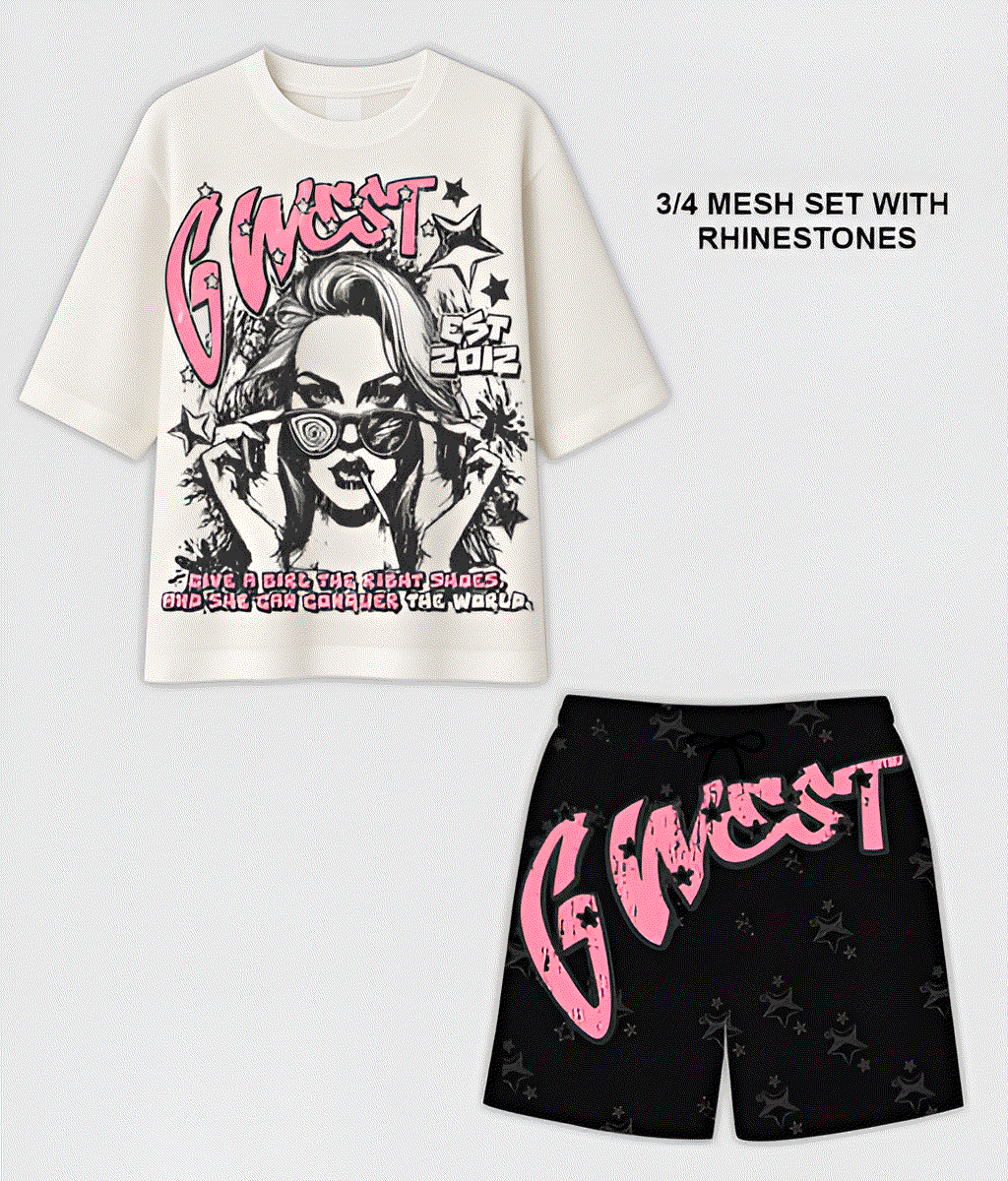 G WEST RHINSTONE MY GIRL 3/4 SLEEVES MESH SHORT SET