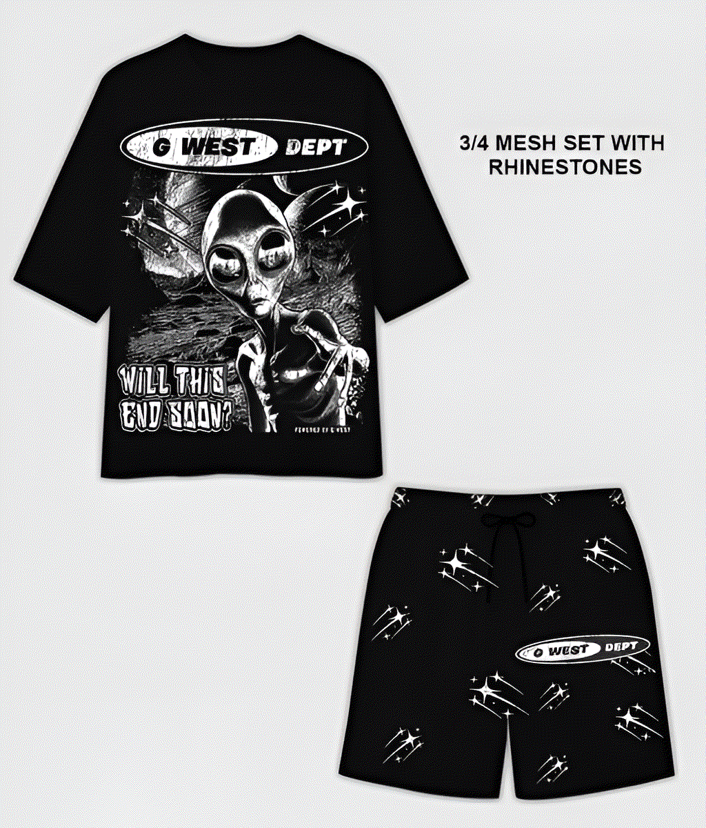 G WEST RHINSTONE NOT MY EARTH 3/4 SLEEVES MESH SHORT SET