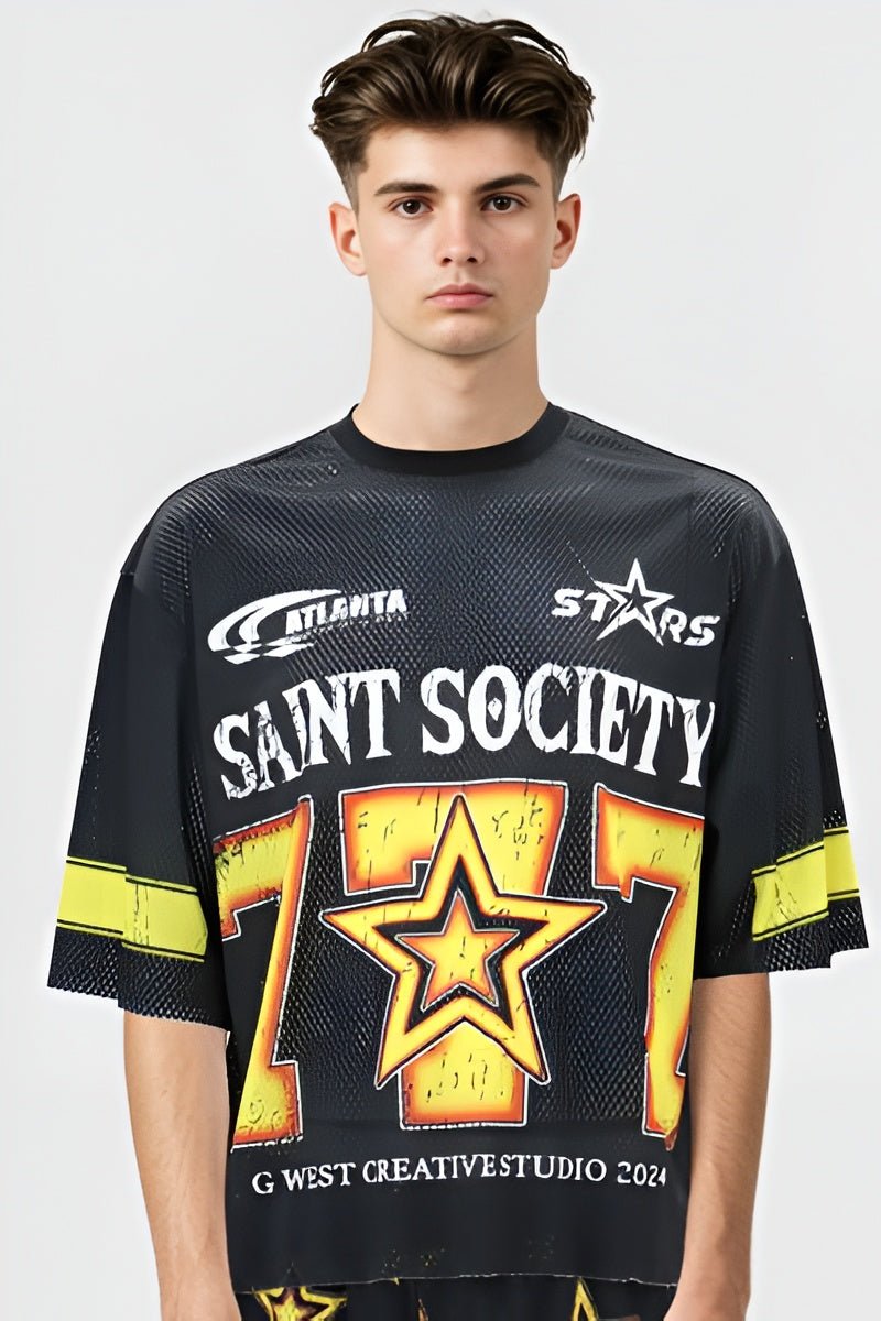 G WEST RHINSTONE SAINT SOCIETY 3/4 SLEEVES MESH SHORT SET